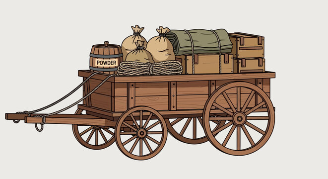 Vintage covered wagon on Patriots Day with luggage and goods for travel