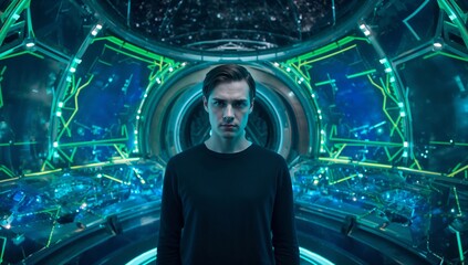 Naklejka premium Standing man wearing dark shirt surveying space station corridor, with circular bulkhead consoles