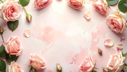 Fototapeta premium 淡いピンクのバラと白大理石の背景｜エレガントな花のフレーム Soft Pink Roses and White Marble Background | Elegant Floral Frame