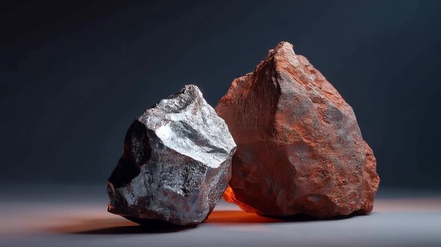 Before and after concept featuring asteroid composition analysis, raw space rock sample beside refined platinum group metals extracted through processing, perfect for extraterrestrial mining