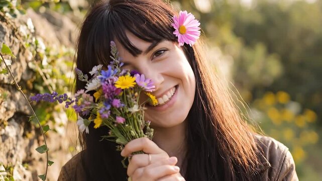 Young woman with a joyful expression holding a vibrant bouquet of wildflowers and a pink flower tucked behind her ear outdoors, bathed in soft natural light