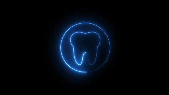 A neon tooth animation on a black background. Animated tooth .National Dentist Day Wisdom teeth extraction Oral care recovery .Dental Insurance Dentistry