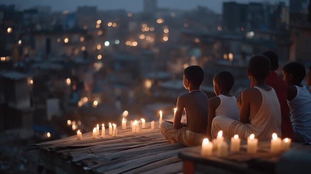 Candle-lit evening in crowded urban dwelling without electricity, family conserving phone battery, energy poverty in city setting, ideal for utility access and socioeconomic inequality theme