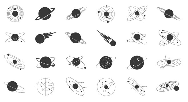 Astronomy and Solar System Planetary Orbit Silhouette Icons Graphic Design Element