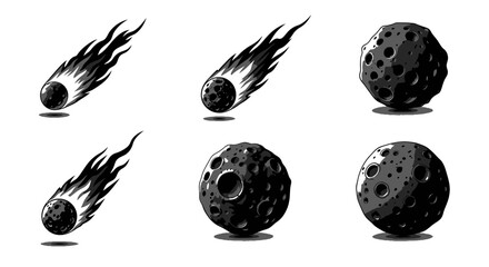 Black and White Space Meteor Comet and Asteroid Silhouette Vector Icon Collection © Fajarputra