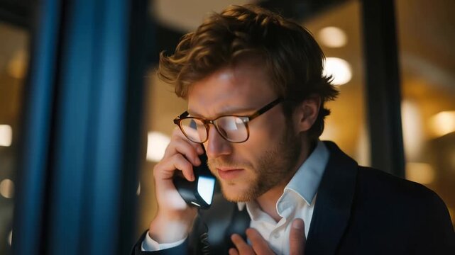 Coworking space phone booth with professional conducting private call, soundproof glass enclosure creating quiet zone within busy environment, perfect for confidential conversations and
