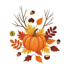 Naklejka premium A vibrant illustration of a pumpkin surrounded by colorful autumn leaves and acorns in white background.