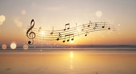 Magical melody notes and treble clef floating over sunset sea