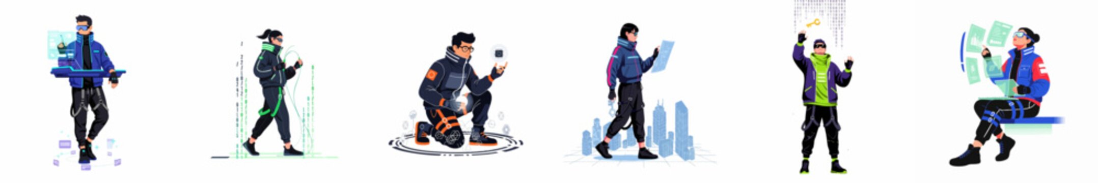 Set of futuristic characters in cyber technology and virtual reality environments, illustrating concepts of coding, hacking, data analysis, and digital transformation.