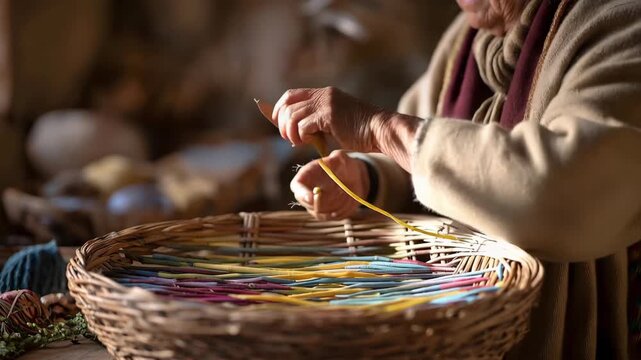 Elderly artisan's weathered fingers weaving colorful Easter basket from natural willow branches in sunlit workshop, traditional springtime craft meets contemporary sustainability values, perfect