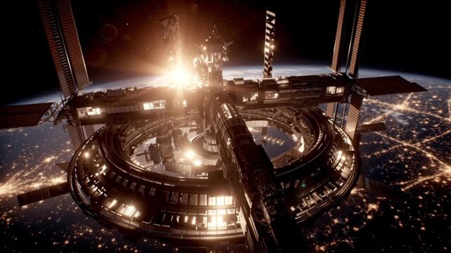 Space exploration commercial ventures. Space innovation. Orbital infrastructure. Aerospace economy. Illuminated space station orbiting Earth with sunrise in the background