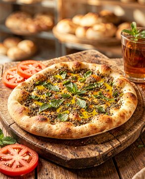 Freshly Baked Manakeesh Flatbread with Za'atar Olive Oil and Sesame on Wooden Board
