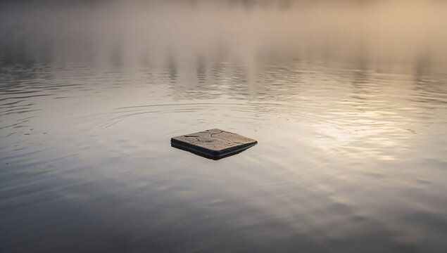 Floating single square slab making ringed ripples on misty lake at dawn, showing circular handle