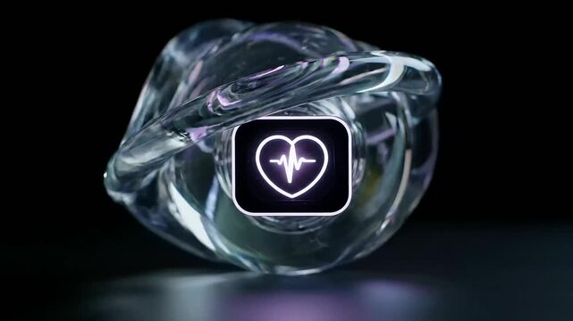 Dynamic 3D render illustrating Sustainable finance reporting principles with glowing heart icons and abstract glass forms.