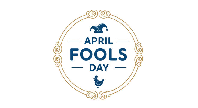 Graphic design of April Fools' Day logo with blue text and gold border on white background.