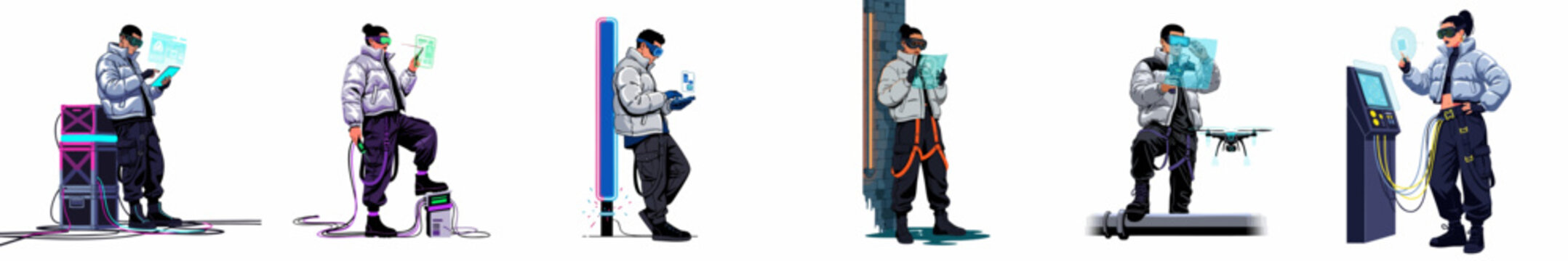 Futuristic cyberpunk characters in tactical gear using advanced technology, holographic interfaces, and drones, isolated on white background.
