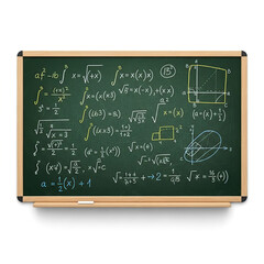 Fototapeta premium A chalkboard filled with complex mathematical equations and formulas in a classroom setting in white background.