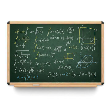 A chalkboard filled with complex mathematical equations and formulas in a classroom setting in white background.