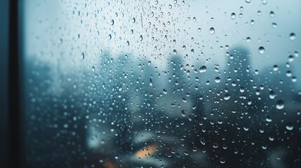 Obraz premium 雨水がついた窓から見える都会の風景