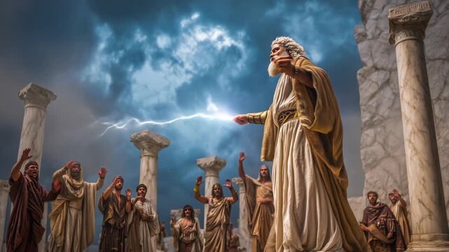 Zeus raises his hand to unleash lightning from the sky during a gathering of people at a historic location