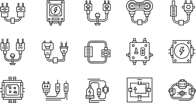 Electrical Plug and Socket Icons Set Featuring Various Plug Types, Connections, and Power Symbols for Electrical Wiring