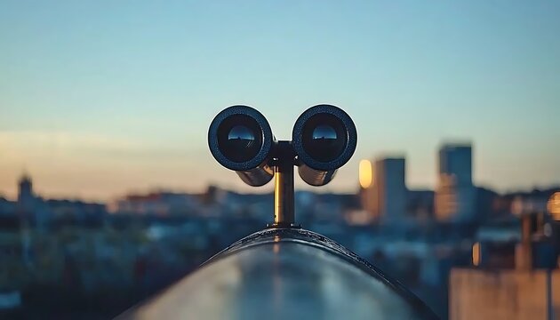 Binoculars on railing overlooking city skyline at sunset