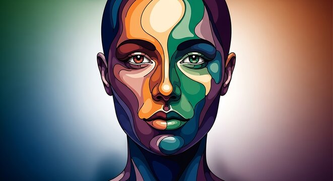 Stylized portrait illustration depicts human identity expressed through vibrant, contrasting color blocks