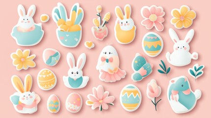 Obraz premium Colorful Easter-themed illustrations featuring bunnies, eggs, and flowers.