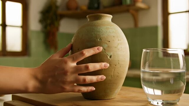 Close-Up of Hand Touching an Ancient Clay Pot With Water in a Glass Beside It