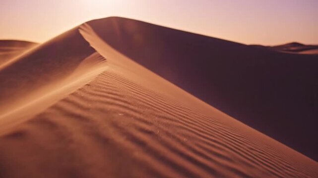 Wind blows sand across desert dune at golden hour