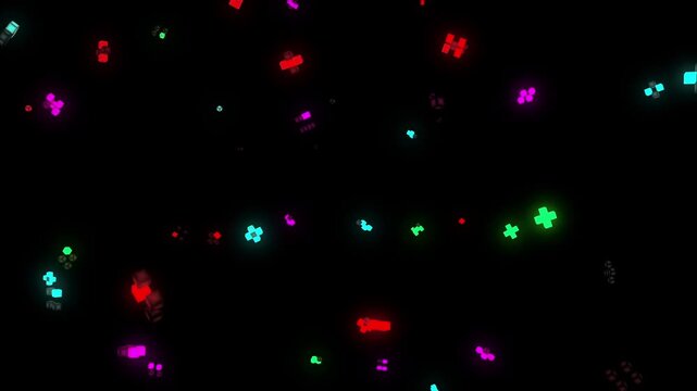Glowing abstract colorful lights in a seamless motion loop create a bright holiday decoration background with shiny stars and magic circle glows for a festive celebration design