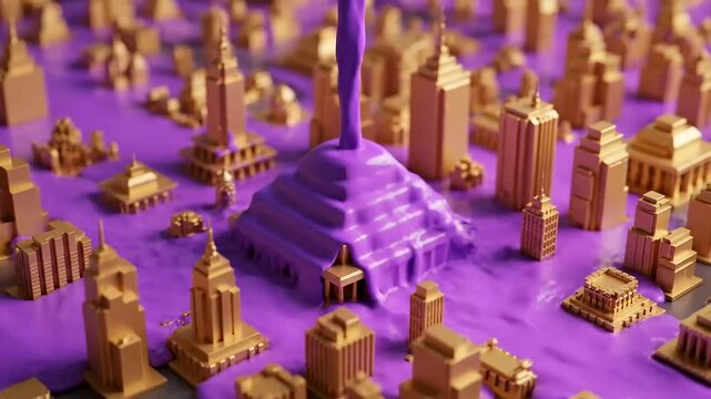 Dynamic 3D render illustrating Sustainable finance reporting principles with molten purple flowing through a golden architectural landscape.