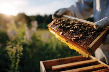 A beekeeper gently lifts a honey-filled frame from a beehive in a lush outdoor setting, capturing the essence of sustainable honey production alongside nature's beauty at sunset.