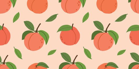 Seamless pattern with peaches and green leaves. Fresh fruit repeat design perfect for fabric prints, packaging, kitchen decor and seasonal summer graphics
