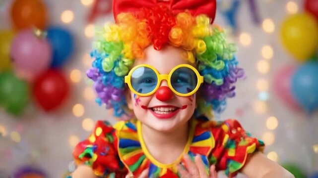 A joyful child dressed as a clown with colorful wig, round glasses, and red nose, celebrating at a party with balloons in the background, embodying happiness and fun