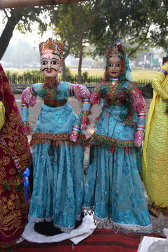 Kathputli dolls - string puppet theatre, Rajasthan, India, Indian puppetry. String marionette, puppet show. Traditional national event, Indian folk art. Rajasthani doll. Culture