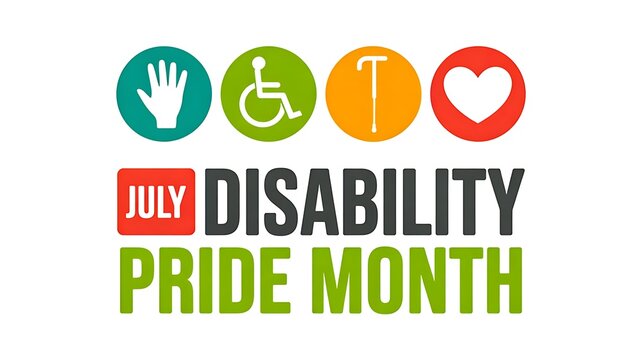 Disability pride month 2026 banner with inclusive icons representing accessibility awareness and diversity support