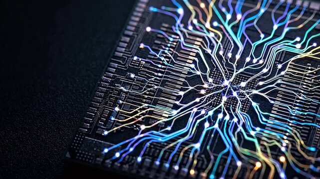 Extreme macro photograph of a neuromorphic computer chip simulating brain synapses with glowing neural pathways etched into dark silicon.