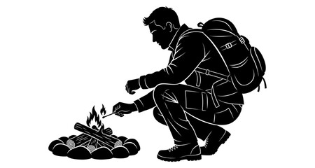 A silhouette of a camper roasting a marshmallow over a campfire