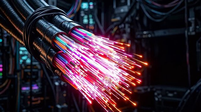 Close-up macro photography of bundled fiber optic cables sliced open to reveal glowing internal glass strands transmitting vibrant colors.