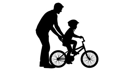 Fototapeta premium A father assists his young child learning to ride a bicycle