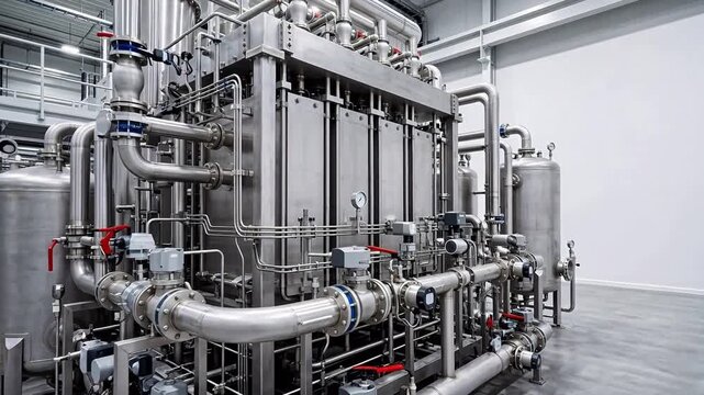 Industrial scale electrolyzer for green hydrogen production featuring massive stainless steel tanks and complex pressure valves in a plant.