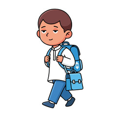 Obraz premium Young boy walking with blue backpack and lunch box to school