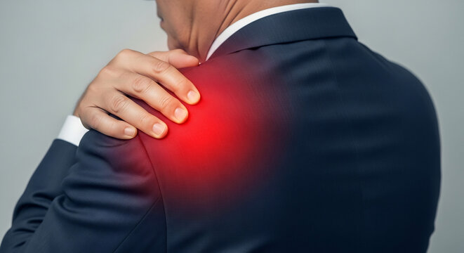 スーツを着た男性が肩の痛みに苦しんでいる、非常に辛そうな様子です。