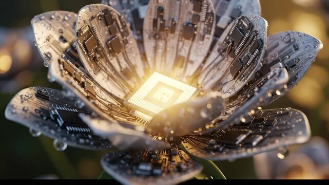 Futuristic Mechanical Flower with Glowing Central Processor.