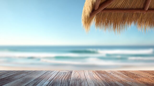 Beach scene with wooden deck and thatched roof