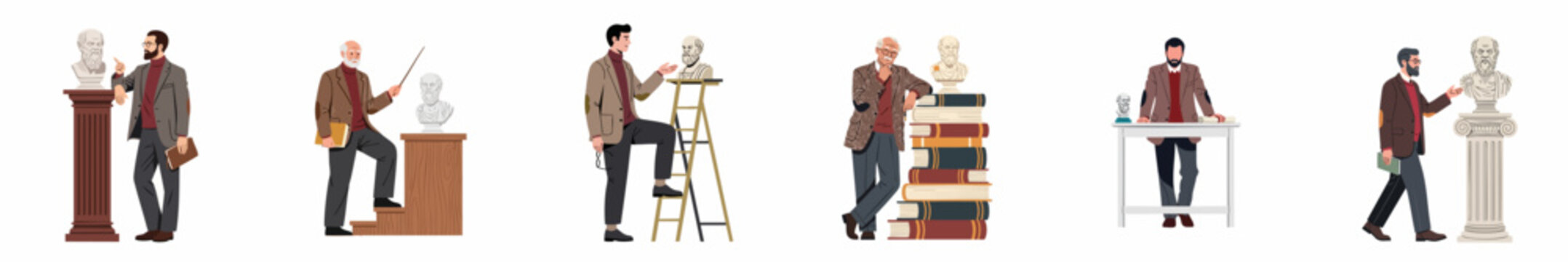 Set of flat illustrations featuring scholars and professors with symbols of knowledge like philosophy busts, books, and architectural columns.