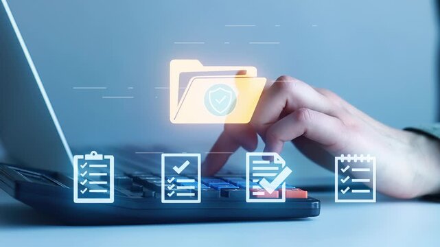 Person working on a laptop with digital icons showing tasks and files in a home office setting at night.