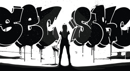 Silhouette of a graffiti artist standing in front of a large street art wall with bubble letters black and white vector.Silhouette of a graffiti artist standing in front of a large street art wall wit © Mominul