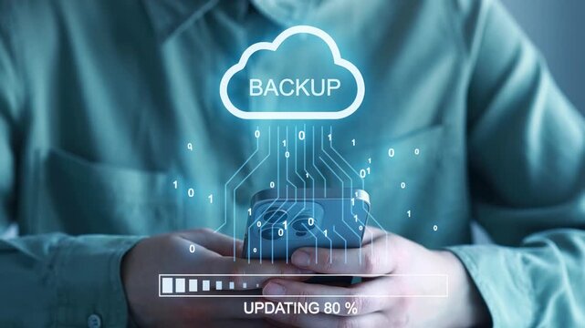 Cloud backup process shown on a phone screen with user performing data update in a modern setting.